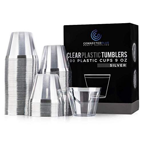 ConnectedPlus 9 oz Silver Rimmed Plastic Cups: 100 Fancy Disposable Wine, Cocktail or