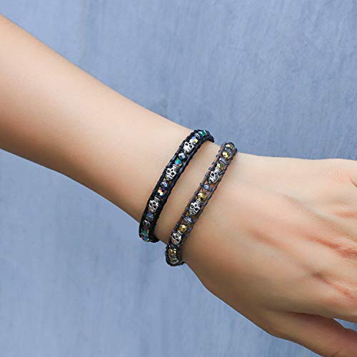 Image of KELITCH 925 Silver Skull Bracelets Wrap Bracelets Women Crystal Beaded Bracelets on Natural Leather