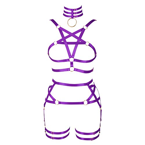 BBOHSS Arnés para mujer, sujetador y liguero de pentagrama, juego punk, gótico, carnival, Halloween, elástico, ajustable, disfraz de baile, morado, Talla única