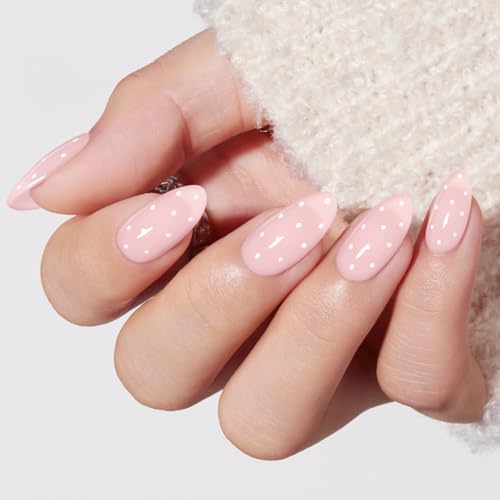 Modelones Pink Press on Nails Almond Polka Dot Short Fake Nails Reusable Nail Kit with Nail Glue Adhesive Tabs Mini Nail File Nails Press Ons 32Pcs 16size Women Girl Gift