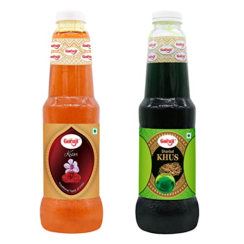 Image of Shree Guruji Kesar Sharbat & Khus Sharbat Combo Pack Beverage Instant Refreshing Syrup Mineral Rich Drink for Summer(1 Litre)