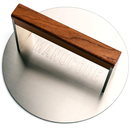 Manucode Pro-Grade 20.5cm Stainless Steel Grill Press – 1.42kg Heavy-Duty Smash Burger Press with Non-Twist Wooden Handle - Perfect for Grilling Enthusiasts Manucode Pro-Grade 20.5cm Stainless Steel Grill Press – 1.42kg Heavy-Duty Smash Burger Press with Non-Twist Wooden Handle - Perfect for Grilling Enthusiasts