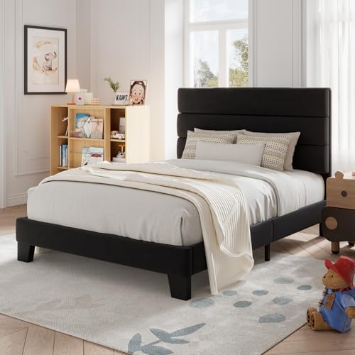 Allewie Twin Size Platform Bed Frame with Velvet Upholstered Head...
