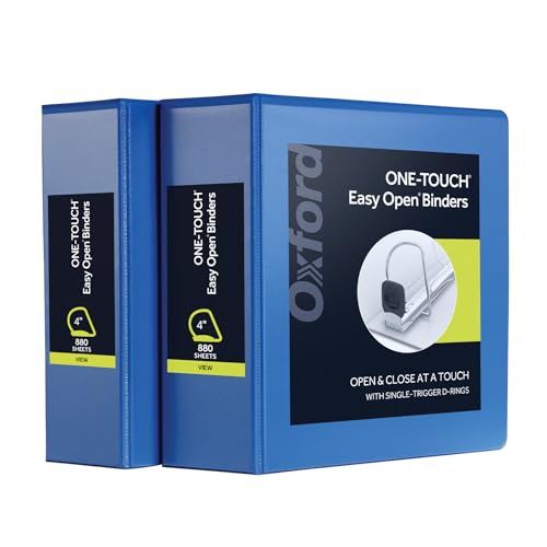 Oxford 3 Ring Binders Durable Binders for School and Office 4 Inch ONE-Touch Easy Open D Rings View Binder Covers 4 Interior Pockets PVC-Free Holds 880 Sheets Blue 2 Pack (79922)