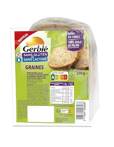 GERBLÉ – Pain aux Graines – Pain Tranché aux Graines de Tournesol, Lin et Sésame – Sans Gluten & Sans Lactose – Riche en Fibres – 200 g