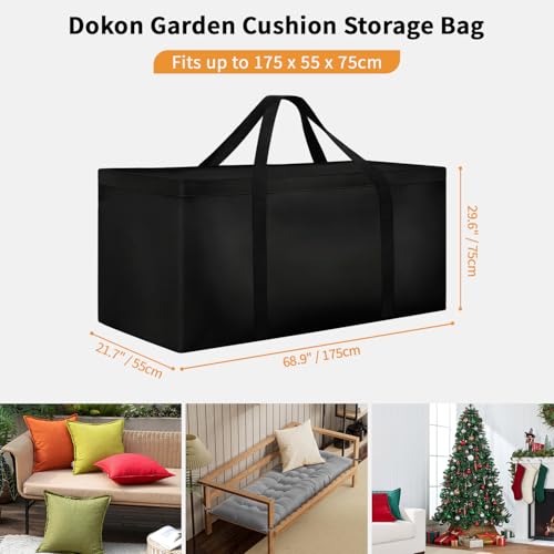 Image of Dokon Garden Furniture Cushion Storage Bag, Waterproof, Anti-UV, Heavy Duty Rip Proof 600D Oxford Fabric Christmas Tree Storage Bag with Handle (175x55x75cm) - Black