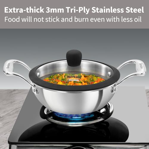 Hawkins Pro 1.5 Litre Shielded Nonstick Triply Deep-Fry Pan, Kadhai with Stainless Steel Handles and Glass Lid, Silver (PSNK15G), 18 cm - Image 5