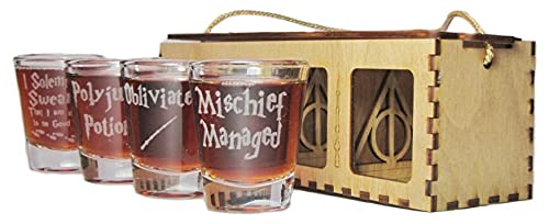 Orange Kat I Solemnly Swear That I Am Up To No Good, Polyjuice Potion, Obliviate and Mischief Managed Shot Glass ULTIMATE Gift Set in Beautifully Cut and Engraved Storage Tote - Permanently Etched
