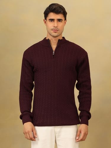 Image of Kvetoo Men's Full Sleeve High Neck Zipper Sweater| Warm Cable Knit Quarter Zip Pullover | Wool Winter Sweater for Casual & Office Wear