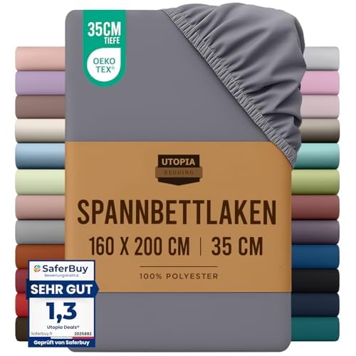 Utopia Bedding Spannbetttuch - Gebürstete Mikrofaser Spannbettlaken - Tiefe Tasche (160X200 cm, Grau)
