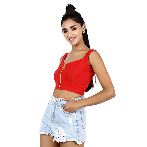 Image of POPWINGS Solid Casual Sleeveless Regular-Fit Crop Tops for Women with Front Chain| Crop Tops for Women Stylish Western Summer Wear