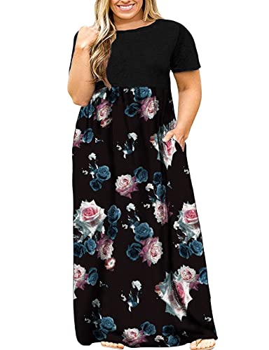 Image of Kancystore Women's Plus Size Maxi Dress with Pockets Summer Dresses XL-5X | Plus Size High Waisted Long Length Beach Dress, Empire Waist Round Neck Casual Dress, Solid Striped Floral Tie Dye Colors