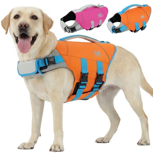 Nanaki Dog Life Jacket Large, Dog Life Vest for Swimming Boating-High Buoyancy Dogs Swim Vest with Rescue Handle D-Ring Reflective Adjustable Ripstop Floating Lifejacket,Golden Retriever,Orange,2XL