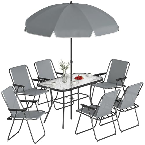 Outsunny Salon de jardin extérieur 8 pièces, table de jardin extérieure avec 6 chaises Pliantes et parasol, plateau en Verre Trempé, structure en acier anti-rouille,...