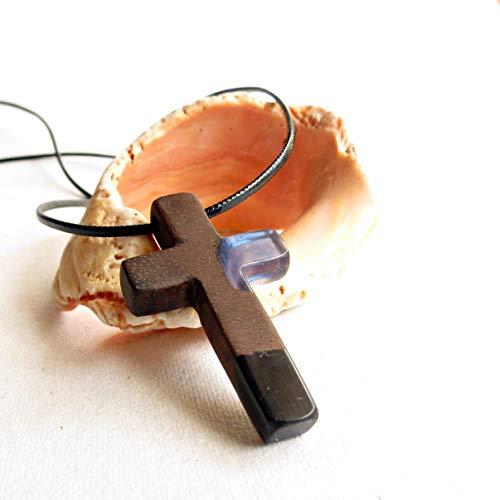 Blue Wood Resin Cross Necklace Wooden Cross Pendant Art Cross Necklace - Cross Jewelry