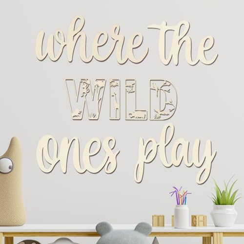 Image of Where The Wild Ones Play Sign Wooden Playroom Wall Decor, Wood Wall Art Decoration for Boys and Girls Toy Room Nursery, Toddler Room Bedroom, Jungle Theme Playroom Word Sign Decor 8 pcs Set