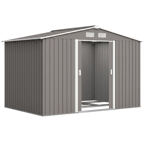 Outsunny Caseta de Jardín Exterior, 5 m² 277x195x192 cm, Cobertizo de Jardín Exterior Metálico con 2 Puertas Correderas, Base Refuerzo (Suelo NO Incluido) y 4 Ventanas, Gris