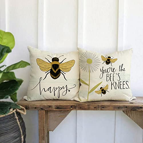 Faromily Happy Bee Quotes Throw Pillow Covers Bee Kind Floral Farmhouse Decorative Vintage Wood Home Decor Cushion Covers Cotton Linen 18 X 18 Inch Set Of 4 #TOP1