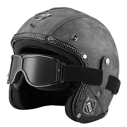 EBAYIN Motorradhelm, Halbhelm Retro Harley Lederhelm Mofa-Helm Motorradhelm 3/4-Helm Jethelm Vintage-Pilotenhelm ECE Zertifiziert Cruiser Chopper Roller mit Schutzbrille,H-L=(59~60cm)