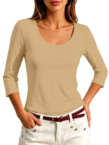 Image of Meetrendi Women 3 /4 Sleeve Scoop Neck Top Cotton Slim Fit Basic T-Shirt