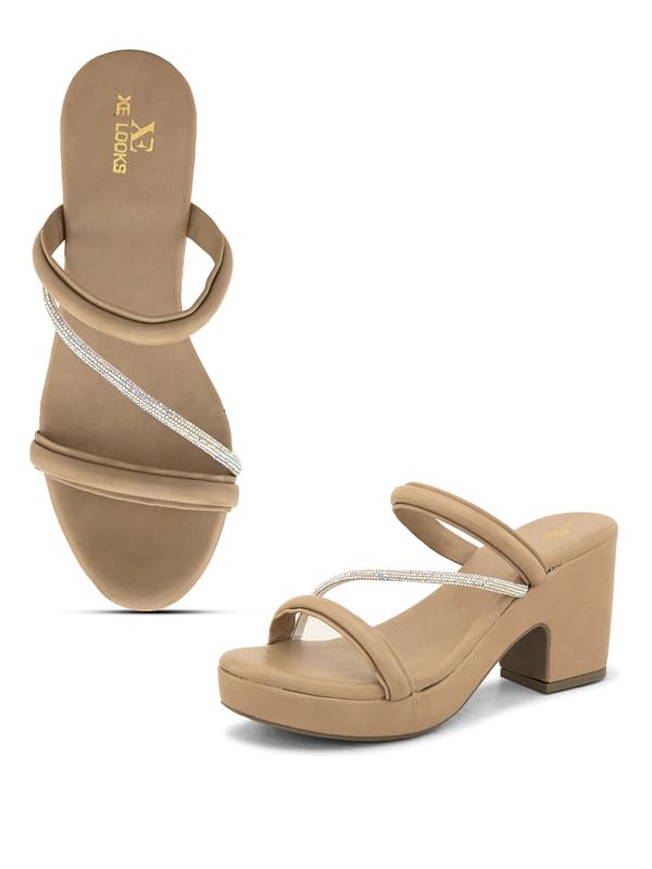 XE Looks Beige Fashion Sandals | Faux Leather Trendy and Stylish Block Heel With Ankle Straps | For Wedding Occasion| For Women & Girls (B0D3H18TX7) Amazon Price History, Amazon Price Tracker