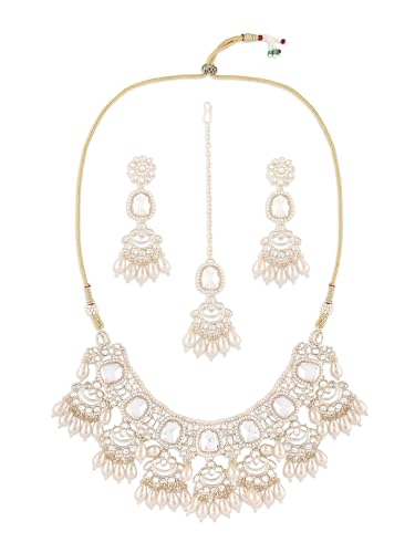ZAVERI PEARLS Gold Tone Kundan Artificial Stones & Clustered Drop Beads Bridal Necklace Earring & Maangtikka Set For Women-ZPFK17105 ZAVERI PEARLS Gold Tone Kundan Artificial Stones & Clustered Drop Beads Bridal Necklace Earring & Maangtikka Set For Women-ZPFK17105