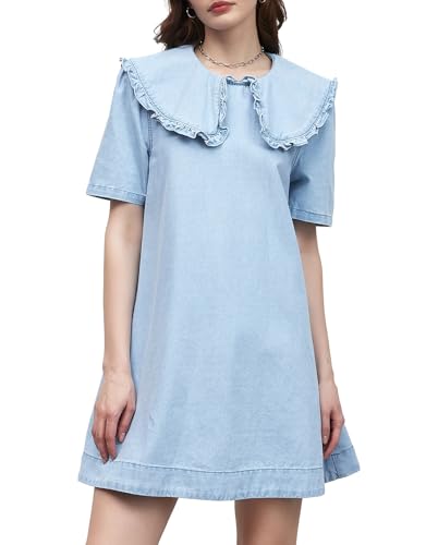 Kedera Womens Denim Mini Dress 2025 Peter Pan Collar Short Sleeve Casual Summer Babydoll Jean Dress with Pockets3