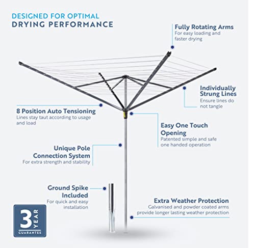 Minky Heavy Duty Easy Breeze 50m 4 Arm Rotary Airer Washing Line with Stay Taut Lines, Cover and Metal Soil Spike - Image 3