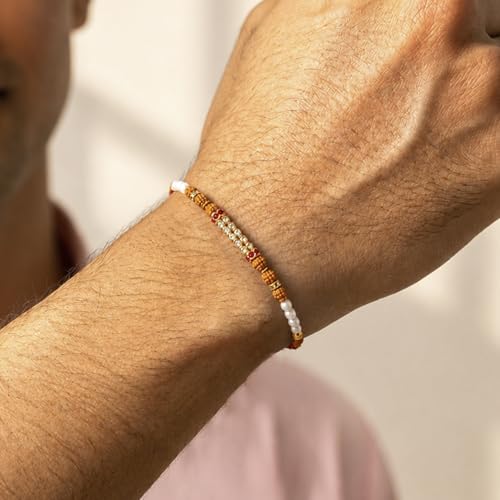 Image of Peora Rakhshabandhan Thread Rakhi for Brother Bhaiya | Kundan Beads & Crystal Studded | Combo Set of 2 | Rakhi Hamper Roli Chawal & Greeting Card