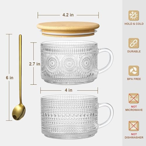 Image of PrimeWorld 2 Pcs 420 Ml Vintage Coffee Mugs,Overnight Oats Containers With Handle,Bamboo Lids And Spoons-Embossed Glass Cups For Cappuccino,Latte,Cereal,Yogurt,Hot Or Cold Beverages,Transparent