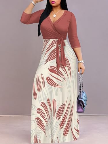 Image of PinkPatty Women's Long Sleeve Maxi Dress Plus Size Trendy Wedding Guest Dress with Pockets&Belt