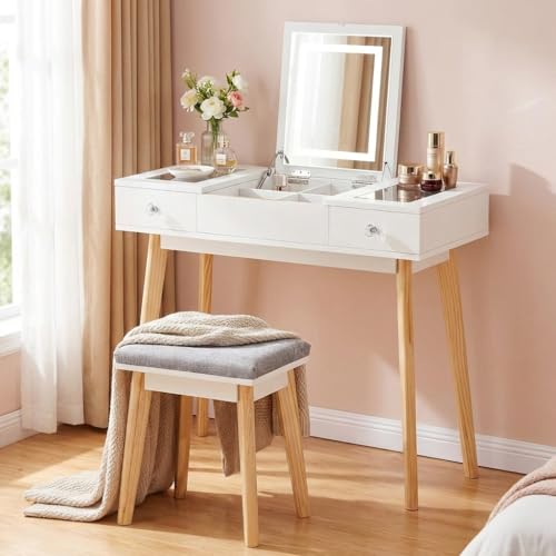 Coiffeuse avec Miroir LED et Tabouret, 3 Couleurs, Prise de Courant et USB, Table de Maquillage...