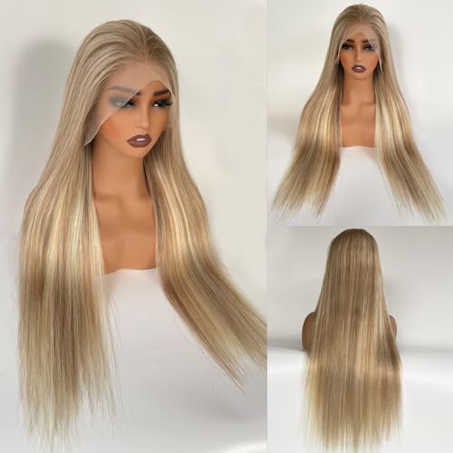 Image of Munx 13x6 Ash Blonde Human Hair Wigs for Women Pre Plucked Ombre Highlight Light Brown and Ash Blonde Straight Lace Wig Bleach Knots with Baby Hair 28 Inch