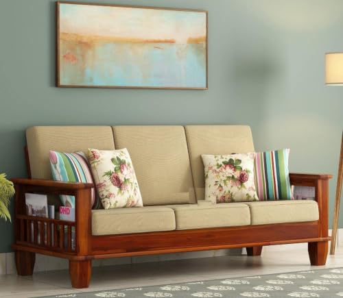Image of Solid Wooden 3 Seater Sofa Set Furniture,Teak Wood Furniture Sofa for Home Living Room with Cushions (Honey Finish)