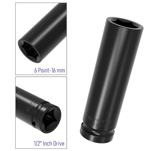 Image of 1 /2 inch Inch Drive by 16mm Deep Impact Socket, Heat-Treated CR-V Steel 3 Inch Length, 6-Point Metric Sizes