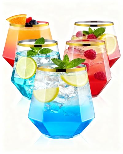 BESTSTAR 40 PCS Clear & Gold Rim 12 Oz Plastic Wine Whiskey Glasses, Diamond Stemless Unbreakable Disposable Wine Glasses for Party, Ideal for Beach Holidays,Halloween, Christmas, Weddings,Daily Use