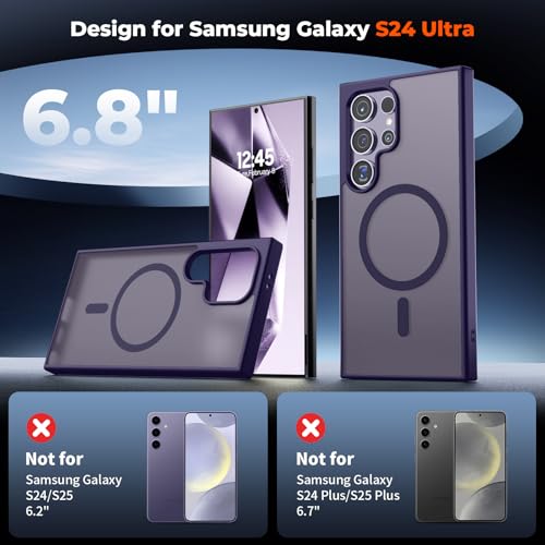 Image of SUPFINE Magnetic for Samsung Galaxy S24 Ultra Case with Screen Protector, (Built-in Magnets) (Military Grade Drop Protection) Slim Translucent Shockproof Phone Case,Dark Purple