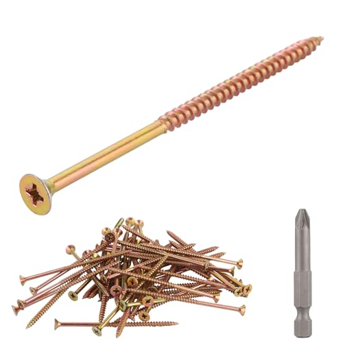 ASelected 150Pcs Wood Screws M5 x 100mm Screws for Wood Gold Timber Screw Long Screw for Chipboard Home Diy Constructing Repair