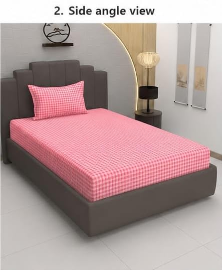 Image of Jashan 210 TC Premium Glace Cotton Comfort Check Design Bedsheet with Pillow Cover - Ultra Soft Cotton Queen Bed Sheet for Daily Comfort - Pink Check 60x90 Inche