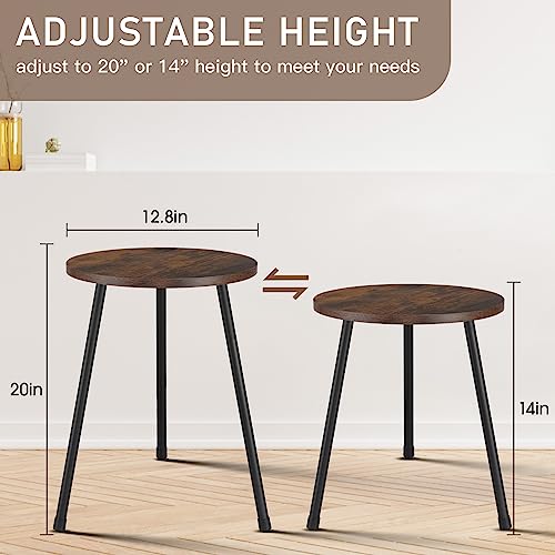 Kinnary Round Side Table, Small Accent End Table For Living Room, Bedroom, Small Spaces, Height Adjustable Metal Legs, Easy Assembly Nightstand Coffee Bedside Table For Balcony, Office, Rustic Brown #TOP2