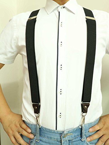 Jierku Romanlin Mens Suspenders For Work 3 Swivel Hook Clips Y-Back For Groomsmen Leather Black #TOP5