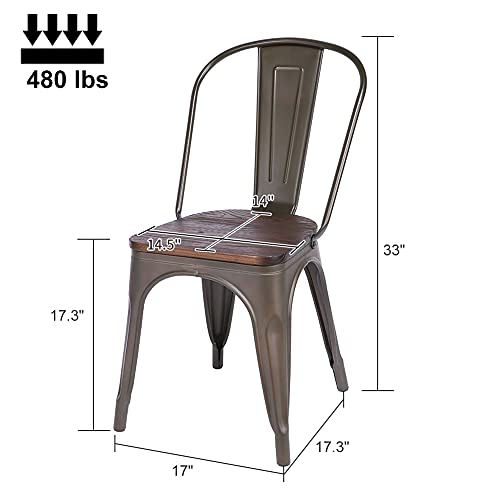 H Jinhui Metal Dining Chairs With Wooden Seat Stackable High Back Trattoria Chair Chic Dining Bistro Cafe Side Metal Chairs Set Of 4 Bronze #TOP6