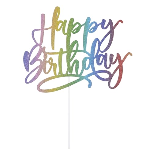 Happy Birthday Cake Toppers, Glitter Birthday Party Decoration Supplies Rainbow Happy Birthday Cake Bunting Decor Colorful Photo Booth Props for Anniversary Birthday Party