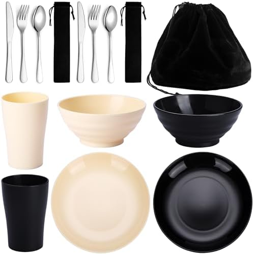 Kyraton Camping Besteck Set, wiederverwendbarer Leichter Becher, Schalen, Teller und Edelstahlbesteck mit schwarzer Tasche, spülmaschinenfest