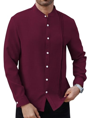 Image of TAGDO Men's Mandarin Collar with Button-Down Shirts | Full Sleeve Linen Casual Shirt for Man | Stylish Summer - Regular Fit Office, Party (2047)