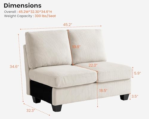 Image of CHIC HOUSE Middle Module for Modular Couch, Corduroy Customizable Chaise, Storage Ottoman for Sectional Sofa, Armrest, Double Seater