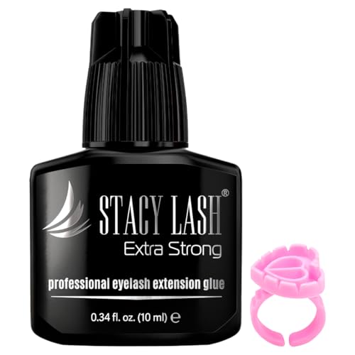 STACY LASH Extra Strong Eyelash Extension Glue (0.34fl.oz / 10ml) / 0.5-1 Sec Dry/Retention 8 Weeks/Black Adhesive/Lash Tech Supplies + Glue Ring