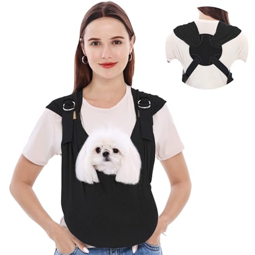 Supet Dog Carrier Sling for Small Dogs Hands Free Adjustable Soft Cotton Puppy Chest Bag Carrier Anti-Anxiety & Back Pain Relief Pet Front Pack (Black Regular)