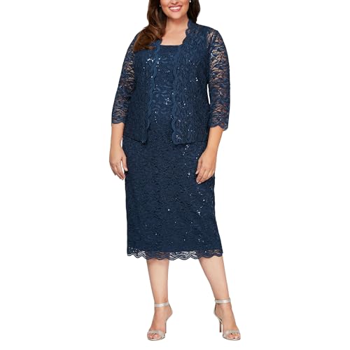 Image of S.L. Fashions Women's Tea Length Sequin Lace Mother of The Bride Dress with Illusion Sleeve Jacket