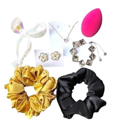 Image of New Gift Hamper Set, Includes Scrunchies, Hair Clips, Necklace Chain, Trendy Earrings, Makeup Blender with Box of Hamper For Gifting & Personal Use(7 Accessories)